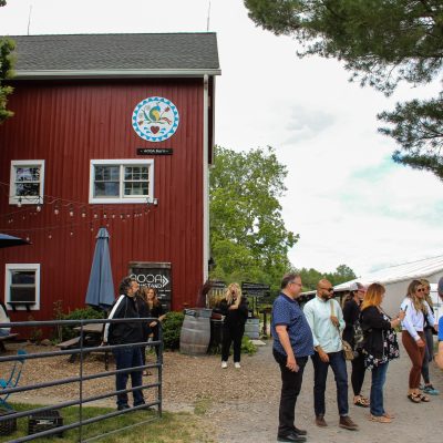 a group of people standing in front of a building