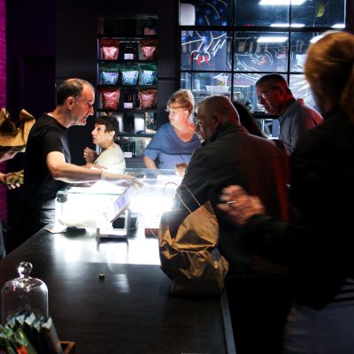 a group of people standing in a room